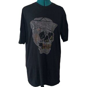 3FORTY Inc. Black w/Silver Beaded Skeleton Graphic Tee 100% Cotton Adult Size L